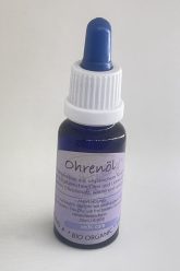 Mijo Healing™ Ohrenöl in blauem Apothekerfläschchen mit Glaspipette.