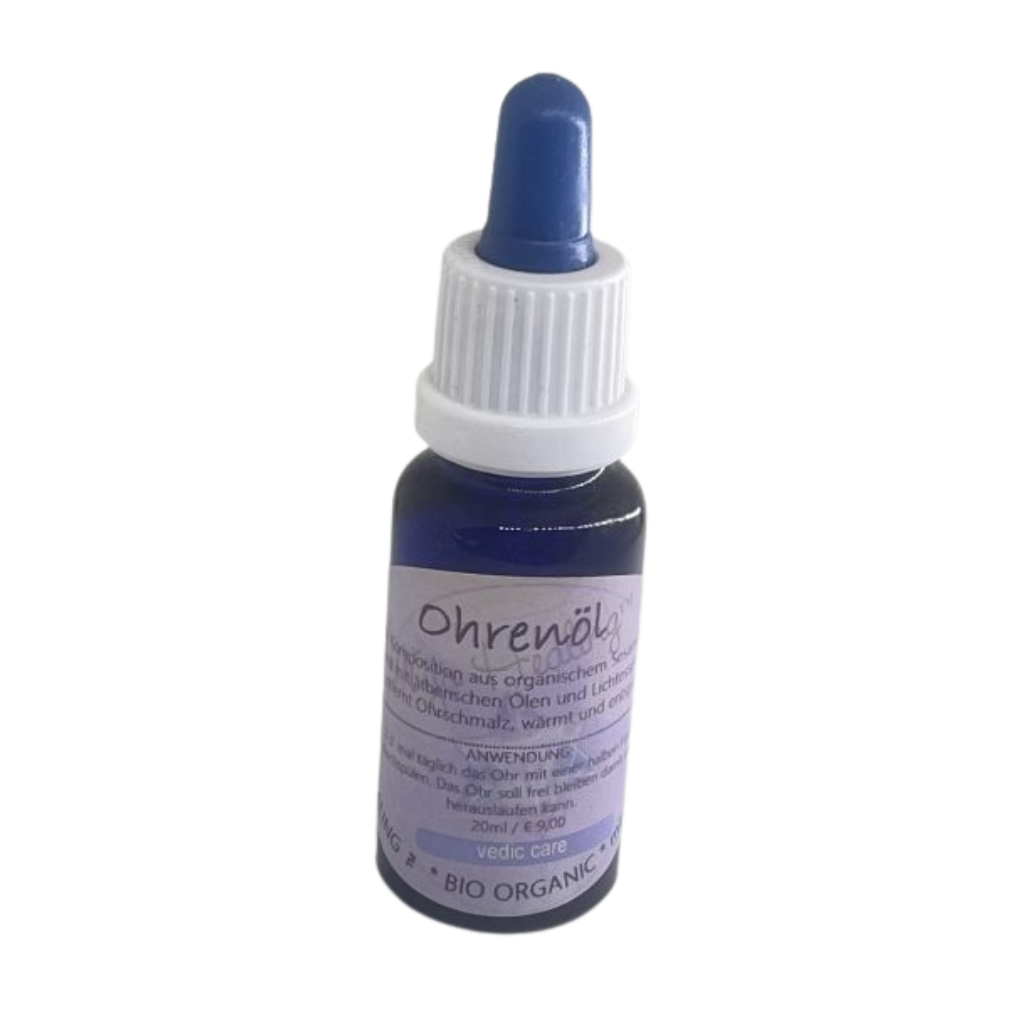 Mijo Healing Ohrenöl in blauem Apothekerfläschchen mit Glaspipette als natürliche Pflege für die Hausapotheke